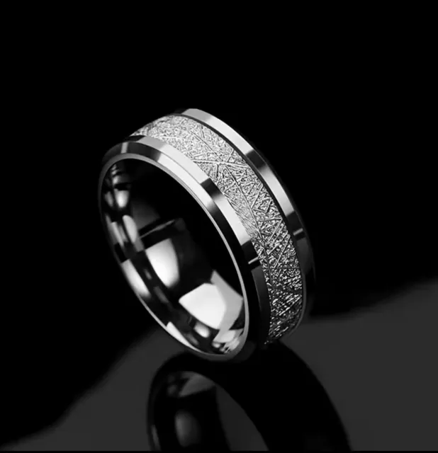 Men's Ring Meteorite inlay Titanium Steel Wedding Fashion Band 8mm silver