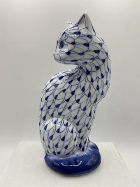 Andrea By Sadek Cat Figurine Blue White Mesh Fishnet Herend Style Hand Painted