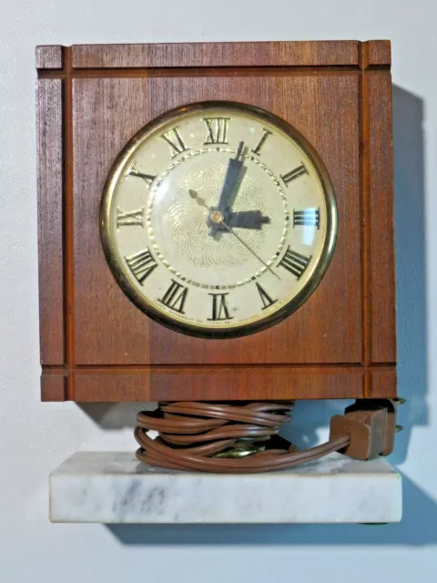 Vintage Lanshire Wood Clock on Marble Pedestal Electric Works Missing Trophy?