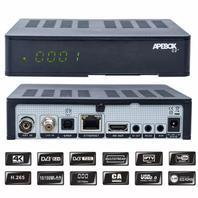 Apebox C2 4K UHD H.265 DVB-S2X DVB-C/T2 Multistream Combo Receiver, USB, LAN, CA