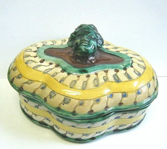 6.5" Vintage 1950s Italian Majolica Pottery Covered Dish With Head / Face 2