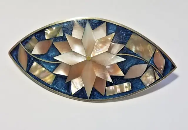 Blue Mother Of Pearl Abalone Shell Silver Plated Hair Barrette Alpaca Mexico
