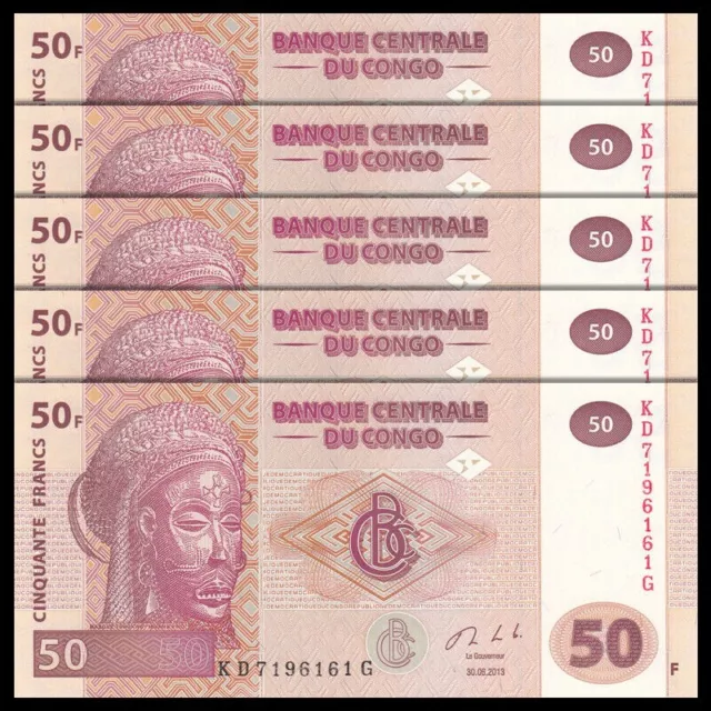 Lot 5 PCS, Congo Democratic Republic 50 Francs, 2007-2013, P-97, UNC