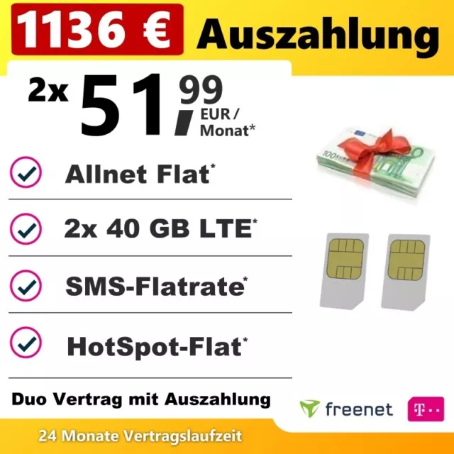 Duo Mobilfunkvertrag mit Bargeld Auszahlung Bundle 40 GB LTE Allnet Flat Tarif