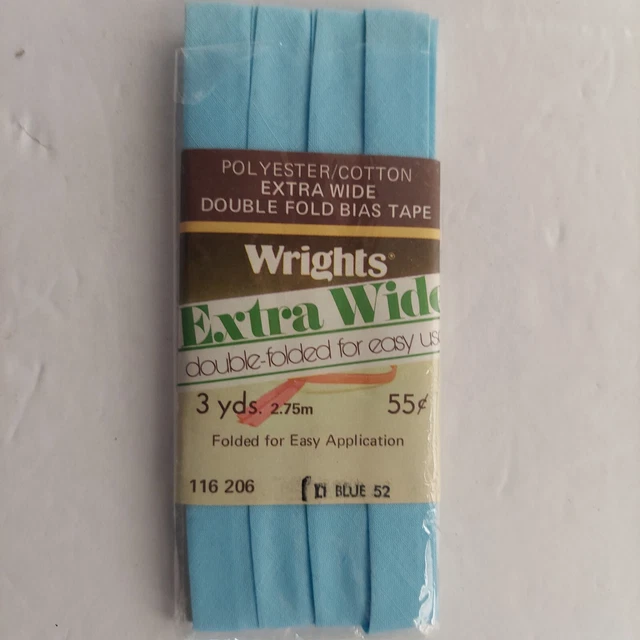 VINTAGE WRIGHTS EXTRA Wide Double Fold Bias Tape 3 Yds Lt.Blue 52 2.75