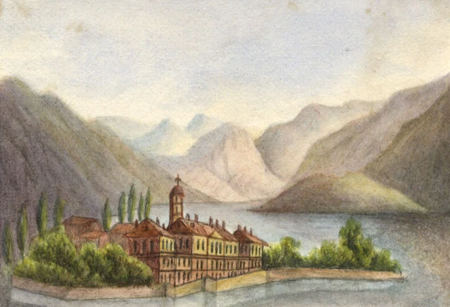 Miniature Lake Island with Monastery – mid-19th-century watercolour painting