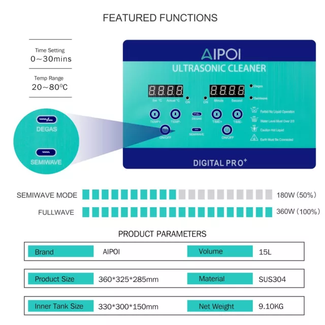 Professional 15L Digital Ultrasonic Cleaner Timer Heater 304 Stainless Steel UK 2