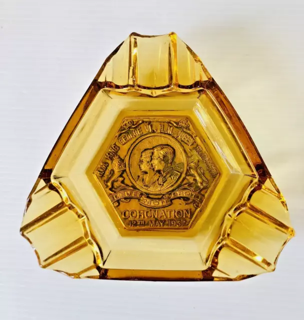 King George VI Queen Elizabeth Coronation Amber Glass Ashtray, 12th May 1937