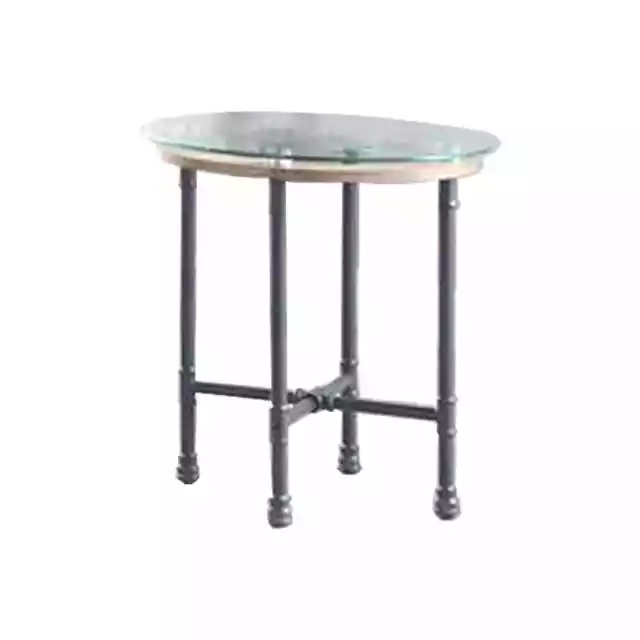 End Table with Round Glass Top and Metal Pipe Style Legs, Grey Modern & Contempo