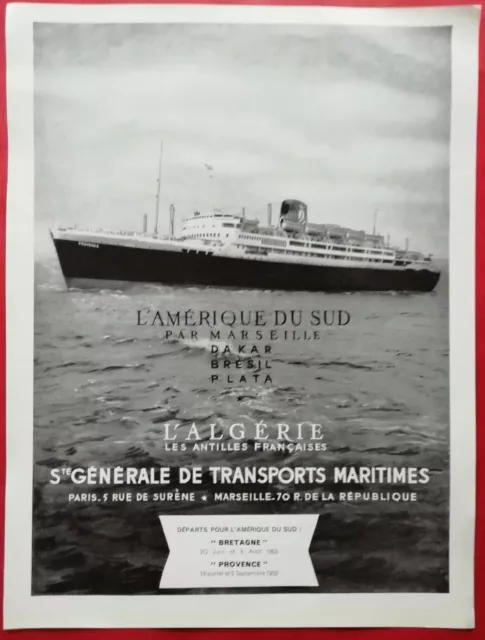 Press advertisement SOCIETE GÉNÉRAL DE TRANSPORTS MARITIMES ""Le Provence"" 1953