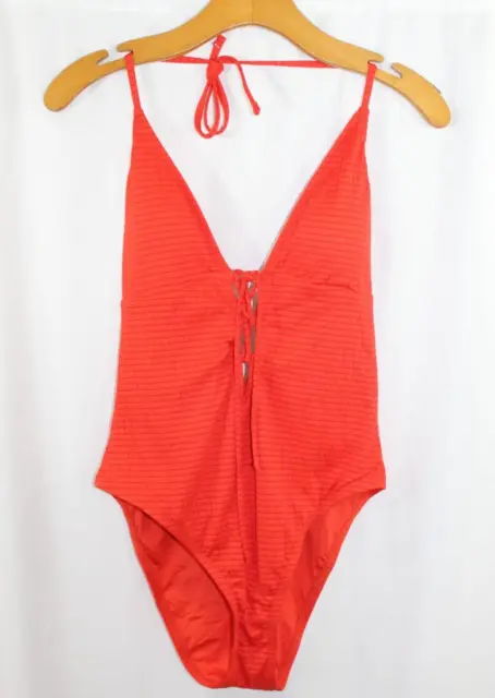 NWT Lucky Brand $138 Womens Fiesta Orange Golden Wave One Piece Swimsuit L