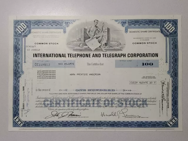 International Telephone and Telegraph Cancelled Stock Certificate
