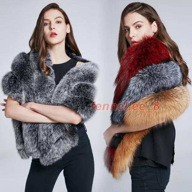 Womens Real Fox Fur Shawl Wrap Wedding Party Wrap Stole Poncho Shrug Cape Bolero