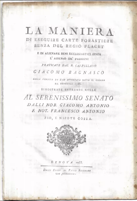 1788. La Maniera Di Eseguire Carte Forastiere Senza Regio Placet, Genova.levanto