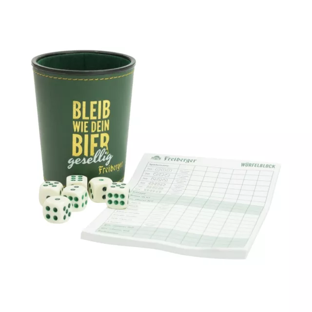 Freiberger Bier Würfelbecher Set mit Würfeln + Spieleblock Zahlen Reise Spaß