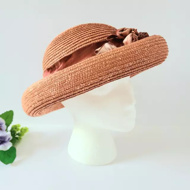 Eric Javits Womens Hat Straw Rounded Kettle Brim Velvet Flower- Vintage