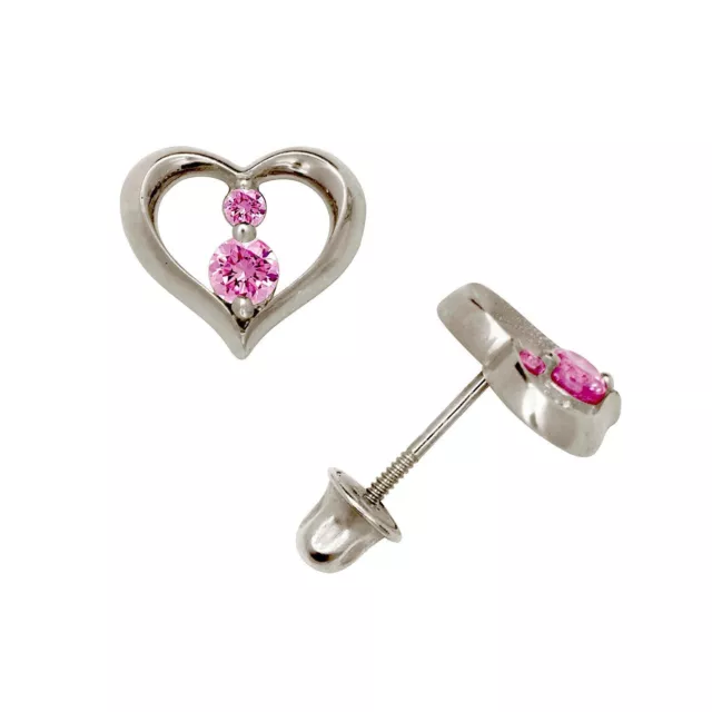 14K Solid White Gold Cute Open Heart Screw Back Earrings With Round Birthstones