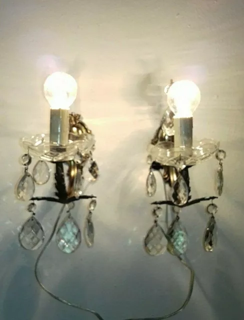 Coppia appliques d'epoca ottone cristalli Pair brass Antique Sconces