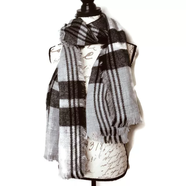 Gray & Black Plaid Blanket Scarf Wrap with Fringe