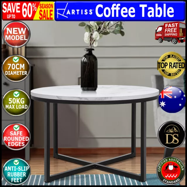 Artiss Round Coffee Table Side End Tables Bedside Marble Effect Black Metal 70cm