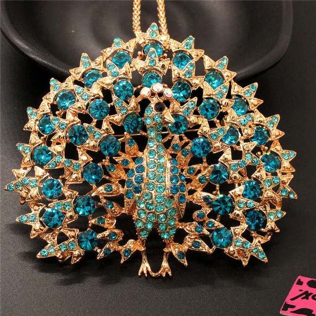 Betsey Johnson Gifts Blue Crystal Bling Peacock Animal Pendant Chain Necklace 2