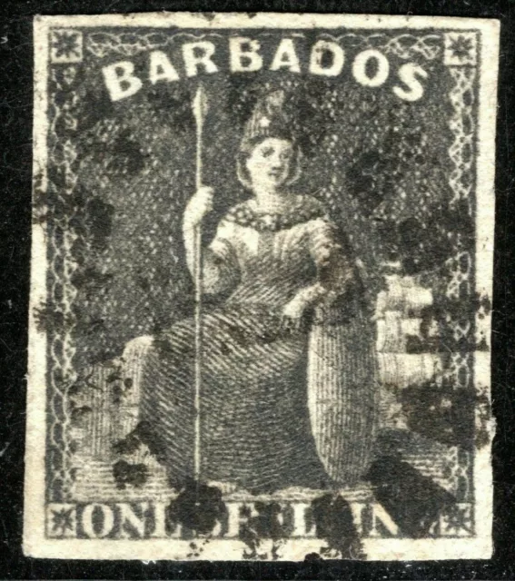 BARBADOS QV Stamp SG.47var 1s *ERROR IMPERFORATE* Britannia (1870) Used YBLUE57