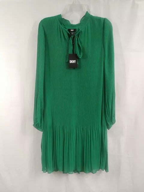 NWT DKNY Women’s Green Long Sleeve Tie Neck Pleated Shift Dress Size 10