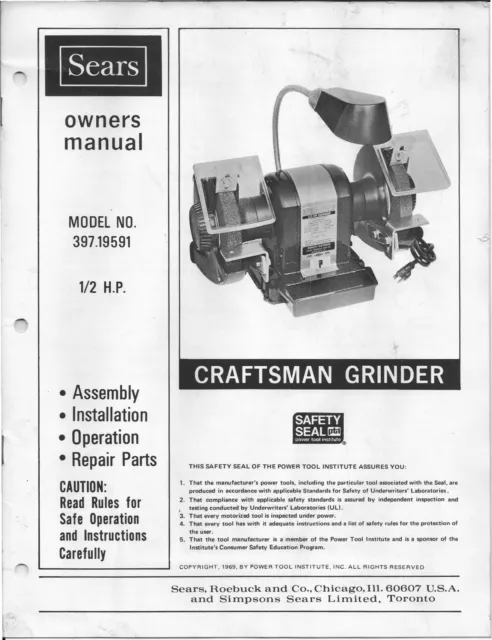 Craftsman 397 19591 1 2hp Bench Grinder Instruction Manual 21 99