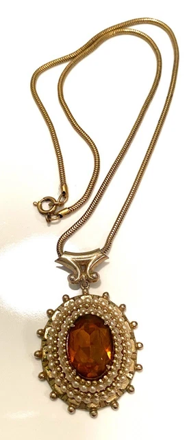 Vtg Coro Seed Pearl Amber Rhinestone Pendant Necklace Signed Pegasus GF Chain