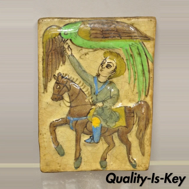 Antique Persian Iznik Qajar Style Ceramic Pottery Tile Green Phoenix Bird C4