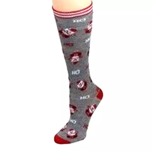 Fun Grey Red SANTA CLAUS HO-HO-HO KNEE SOCKS Novelty Holiday Christmas Stockings