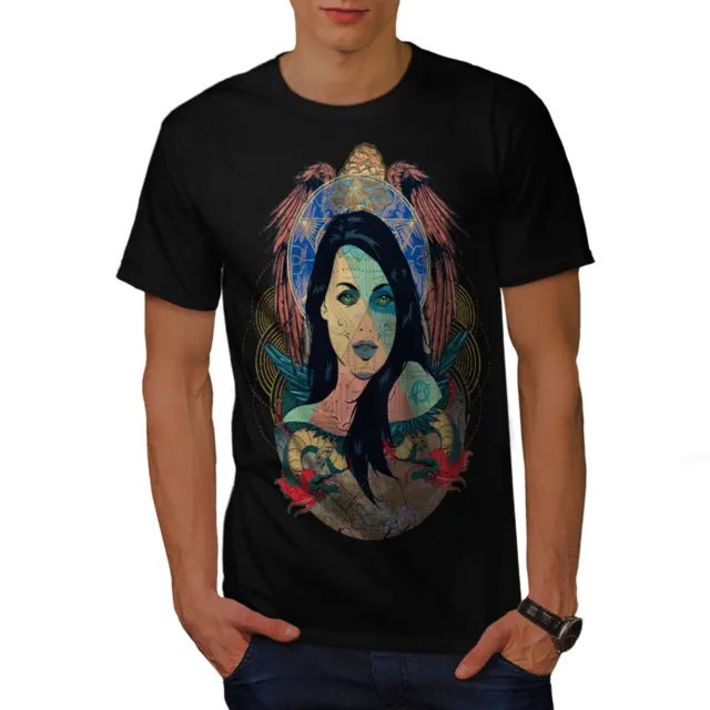 Wellcoda Art Girl Dragon Mens T-shirt, Fantasy Graphic Design Printed Tee