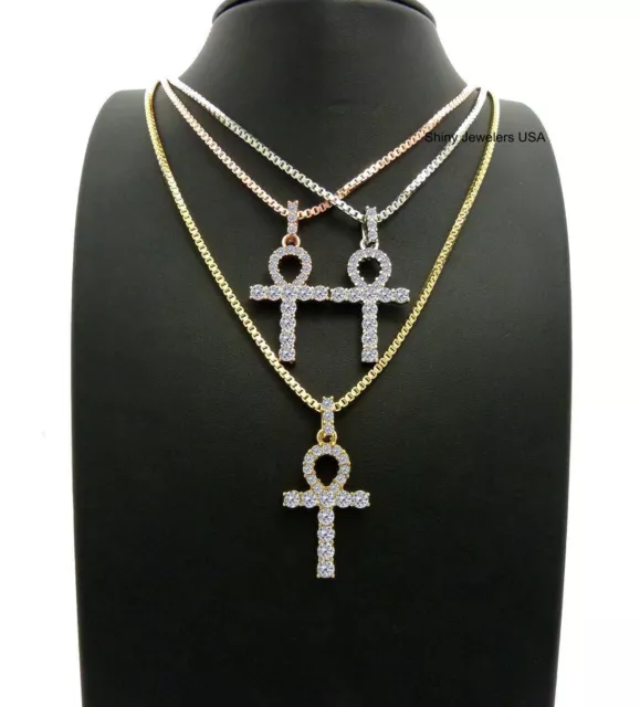 Gold Silver Egyptian Key Of Life Ankh Cross Box Chain 3 Necklace Set