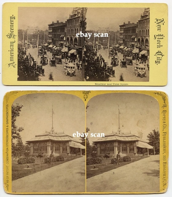 2 stereoview stereoscopic photos of New York City NY Broadway & Central Park