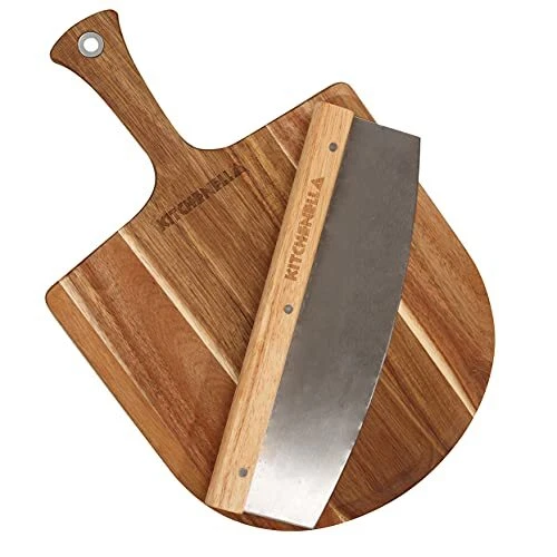 Acacia Wood Pizza Peel Paddle with Cutter Included - Natural Serving Board Ideal