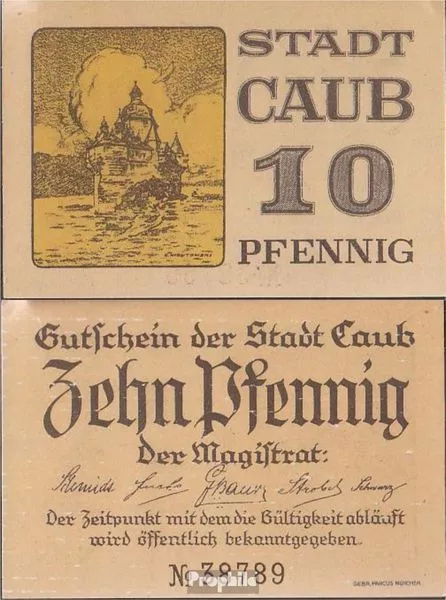 Banknoten Caub 1921 Notgeld: 10 Pf Notgeld der Stadt Caub bankfrisch