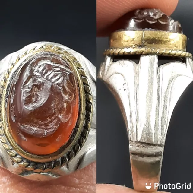 Afghan Antique  Old Agate Stone Intaglio solid silver Beautiful Ring King Face