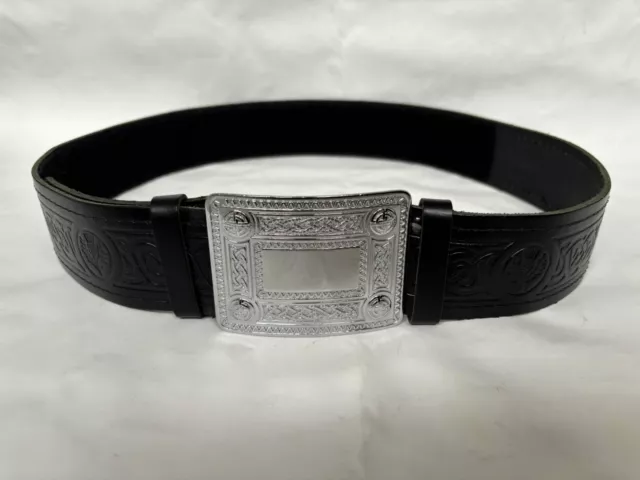 SCOTTISH BLACK EMBOSSED Leather Kilt Belt and Buckle 32