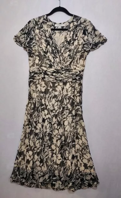 Forth & Towne Silk Midi Dress Floral Women's Sz 10 Ivory & Brown Ruffles Pintuck