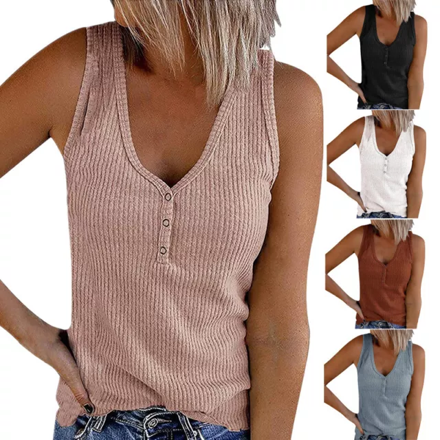 Womens Summer Loose V Neck Button T Shirt Tops Sleeveless Solid Casual Tank Top