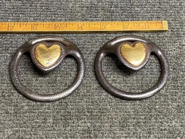 2 Rare Civil War Era Cast Iron And Brass Heart Horse Harness Bridle Buckle Cover