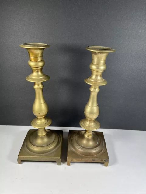 Antique Pair Of 19th Century Heavy Brass  Russian Sabbath Candlesticks