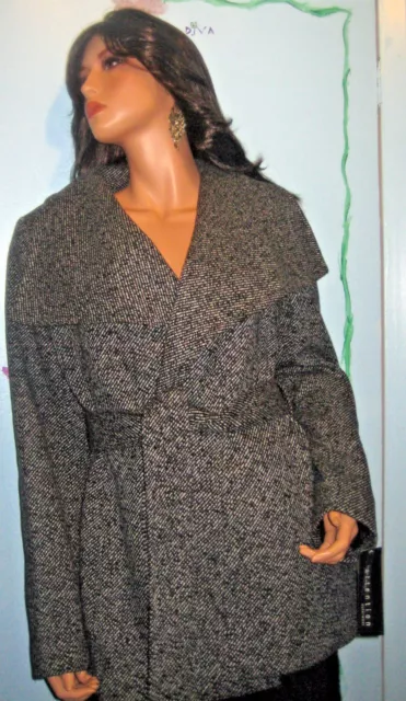 Women~ Black and white~ Belted~ wrap~ wool~ coat~ over-sized collar~ size L~NWT! 3