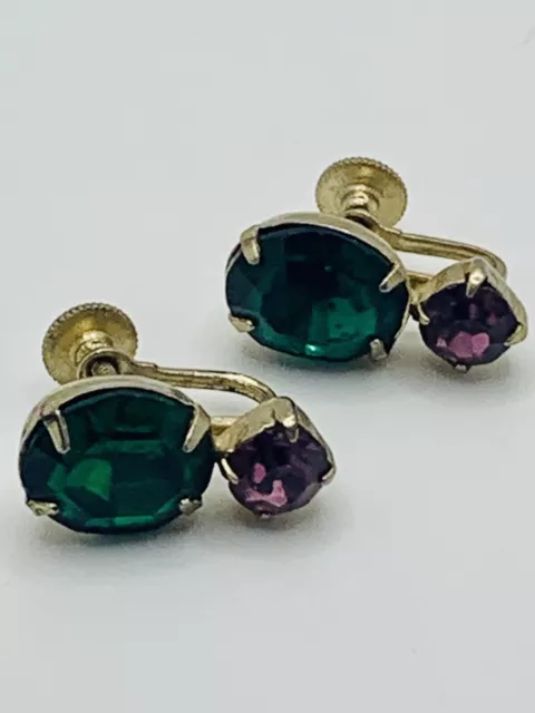 Vintage Coro Green & Purple Glass Prong Set Screw Back Earrings Gold Tone Signed