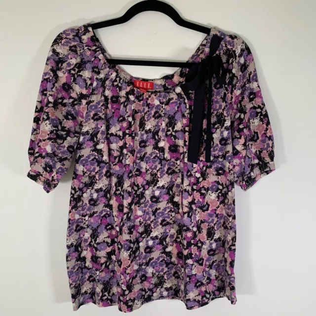 Elle Blouse Women’s Medium Purple Floral Tie Neck Short Sleeves Top