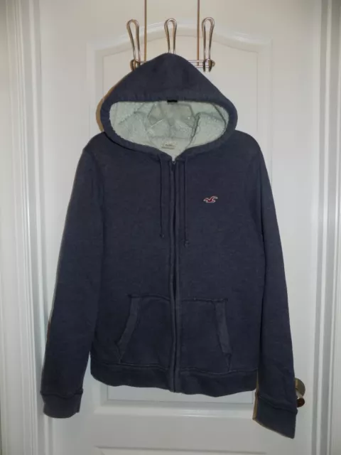HOLLISTER Mens Small Heathered Blue Hoodie Sweatshirt Jacket Heavy Sherpa
