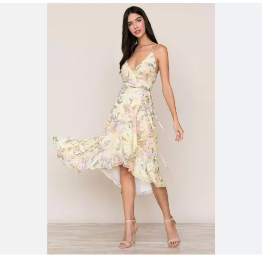 $198 Yumi Kim Waterfront Floral Pastel Ruffle Hem Strappy Maxi Wrap Dress Medium