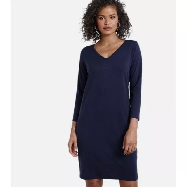 Eileen Fisher Viscose Jersey Knit Dress XS V neck Knee lgth Navy Stretch Casual