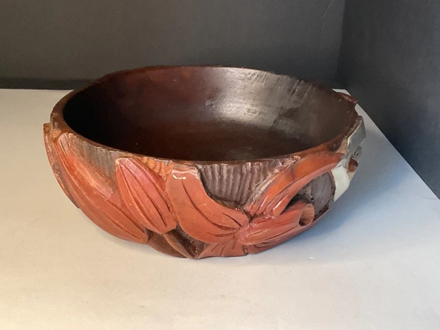 hand carved vintage wooden decorative fruit bowl