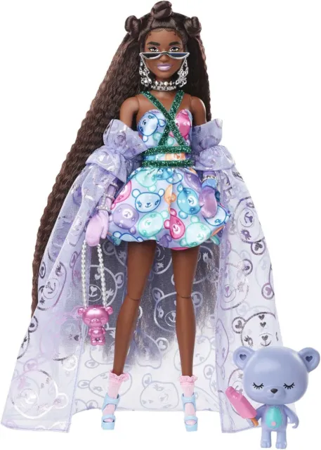 Barbie Extra Fancy Doll in Teddy-Print Gown with Sheer Train, Teddy Bear Pet